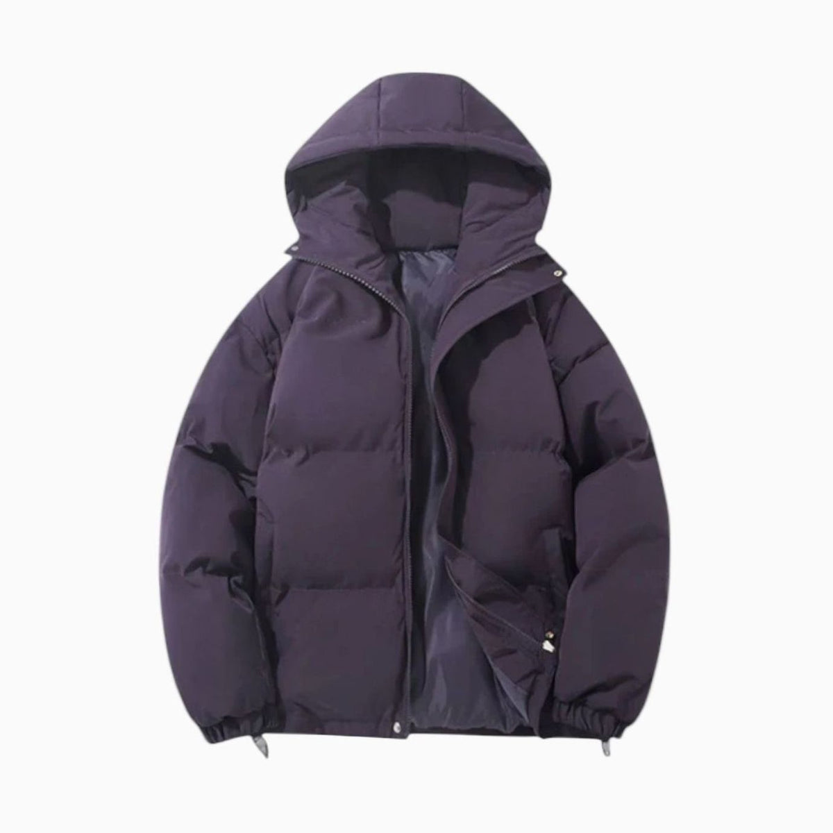 Men's oversized quilted puffer hooded jacket by Homixa with front zipper and side-zip hem adjusters.