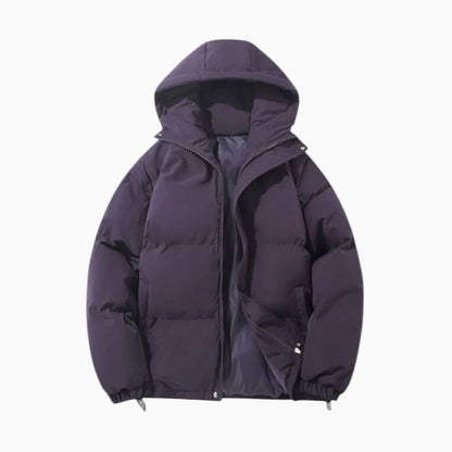 Men's oversized quilted puffer hooded jacket by Homixa with front zipper and side-zip hem adjusters.