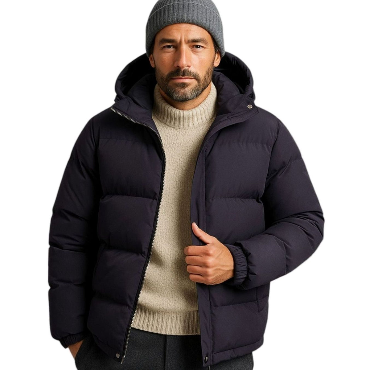 Men's oversized quilted puffer hooded jacket by Homixa with zip-up front and side-zip hem adjusters.