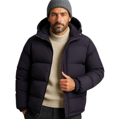 Men's oversized quilted puffer hooded jacket by Homixa with zip-up front and side-zip hem adjusters.