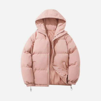Men's oversized quilted puffer hooded jacket by Homixa with zip-up front and side hem adjusters, shown in a streetwear style.