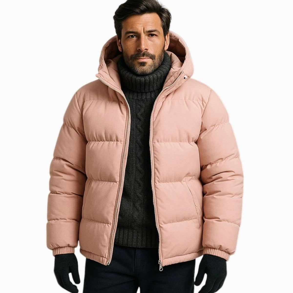 Men's oversized quilted puffer hooded jacket by Homixa with zip-up front and side-zip hem adjusters, warm winter outerwear.