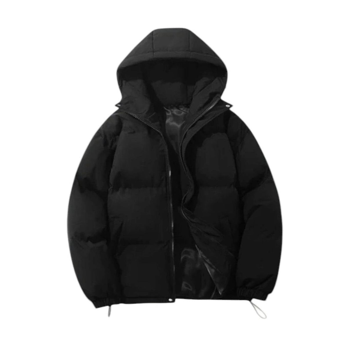 Men's oversized quilted puffer hooded jacket by Homixa with zip-up front and side-zip hem adjusters, warm winter outerwear.