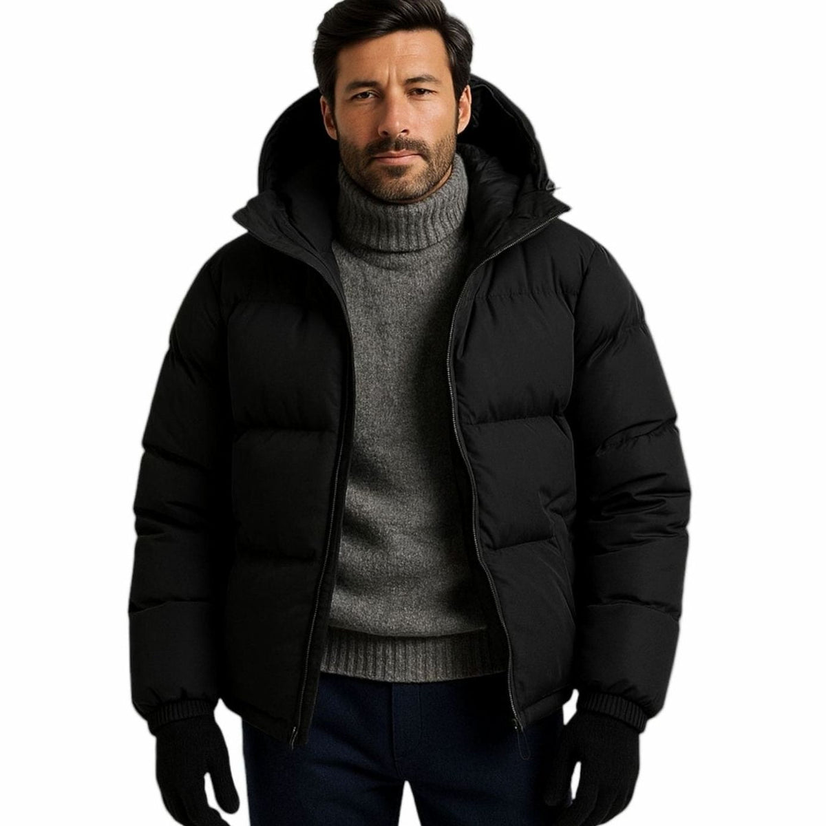 Men's oversized quilted puffer hooded jacket by Homixa with zip-up front and side-zip hem adjusters, warm winter outerwear.