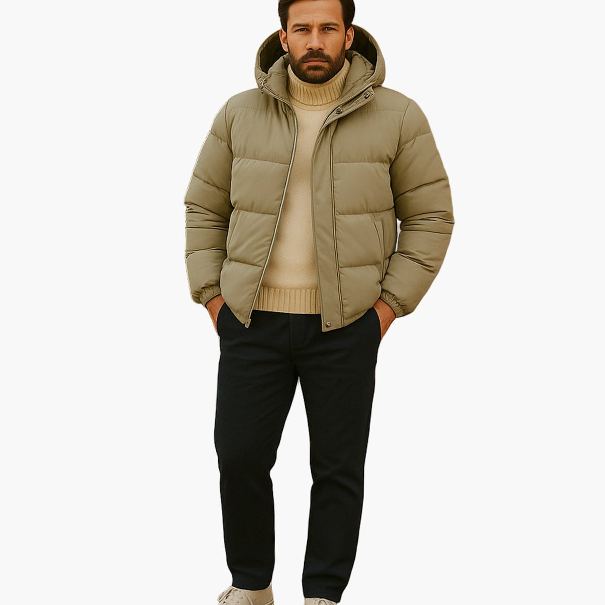 Men's oversized quilted puffer hooded jacket by Homixa with zip-up front and side-zip hem adjusters, suitable for cold weather.