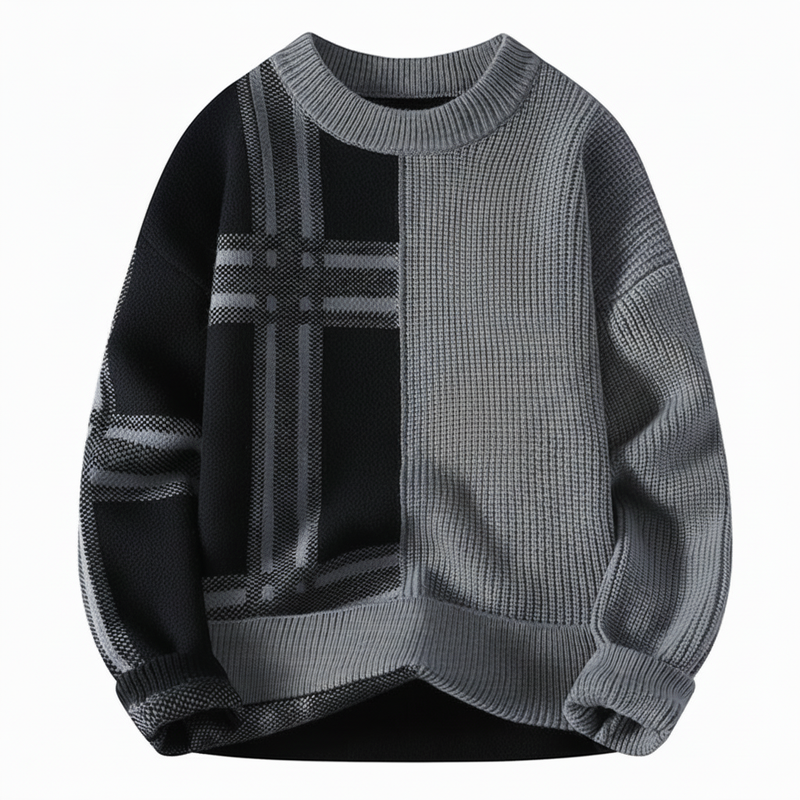 Homixa men's plaid and color-block crew-neck sweater with a relaxed, comfortable fit, featuring a stylish mix of patterns and colors.