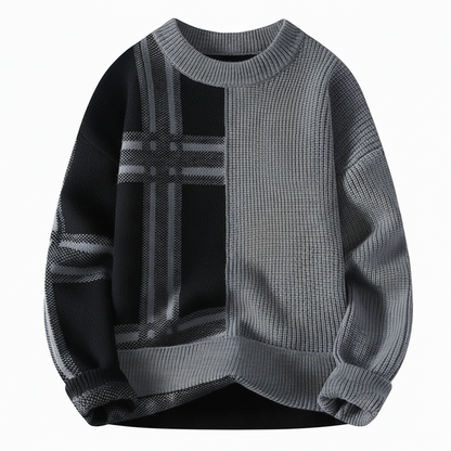 Homixa men's plaid and color-block crew-neck sweater with a relaxed, comfortable fit, featuring a stylish mix of patterns and colors.