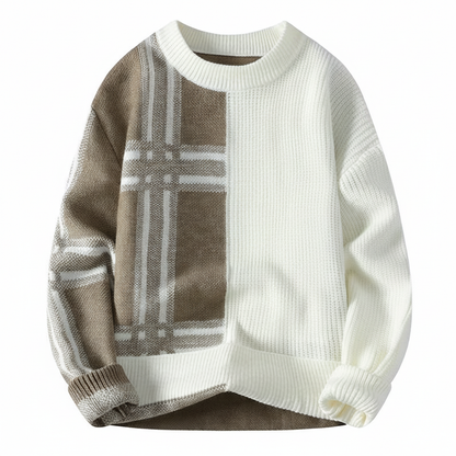Men's plaid and color-block crew-neck sweater by Homixa, relaxed fit, soft knit fabric, featuring plaid and color-block design.