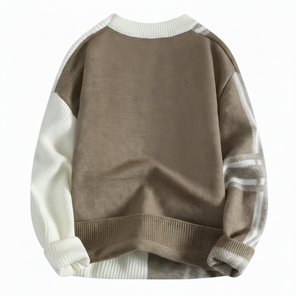 Men's Homixa plaid and color-block crew-neck sweater with a relaxed fit, featuring a cozy, stylish design in natural fabric.