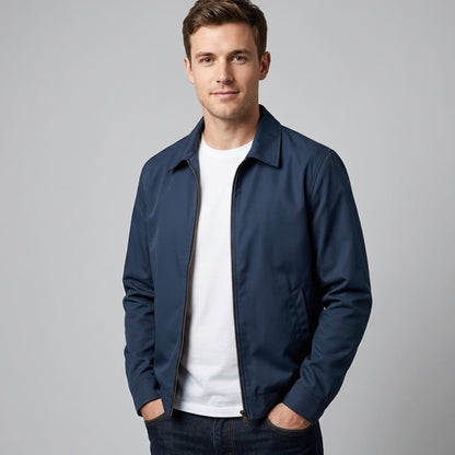Men's plaid-lined Harrington bomber jacket by Homixa featuring a zip front and shirt collar, shown on a model.