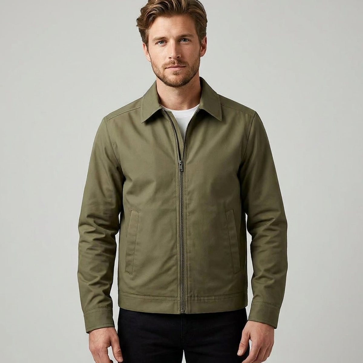 Men's plaid-lined Harrington bomber jacket by Homixa with zip front and shirt collar, shown in a stylish casual look.