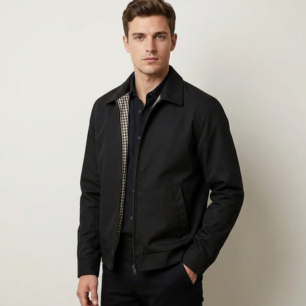Men's plaid-lined Harrington bomber jacket with zip front and shirt collar, stylish Homixa jacket for casual wear
