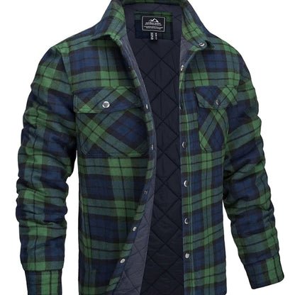 Men's plaid quilted winter jacket in overshirt style with two chest pockets, by Homixa, shown on a model.
