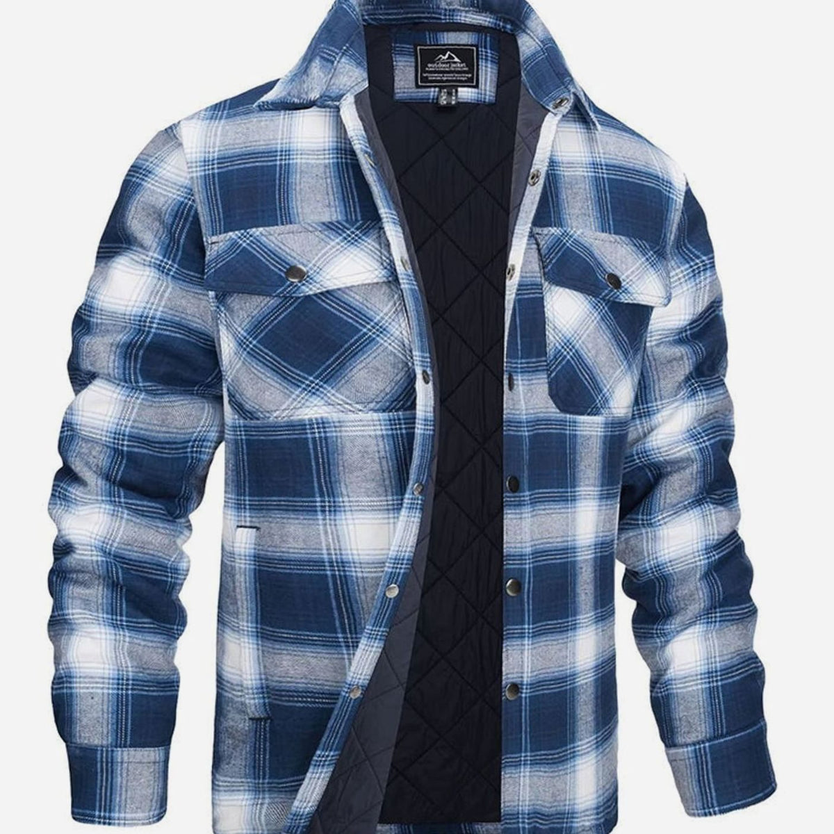 Men's plaid quilted winter jacket in overshirt style with two chest pockets, by Homixa, shown on a model.