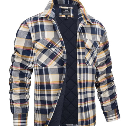 Men's plaid quilted winter jacket in overshirt style with two chest pockets, by Homixa, shown on a model.