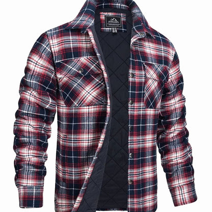 Men's plaid quilted winter jacket in overshirt style with two chest pockets, by Homixa, shown hanging on a hanger.