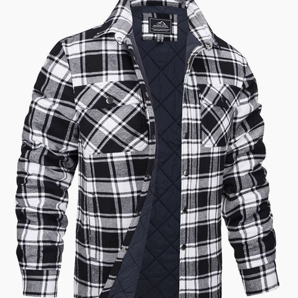 Homixa men's plaid quilted winter jacket in overshirt style with two chest pockets, shown on a hanger.