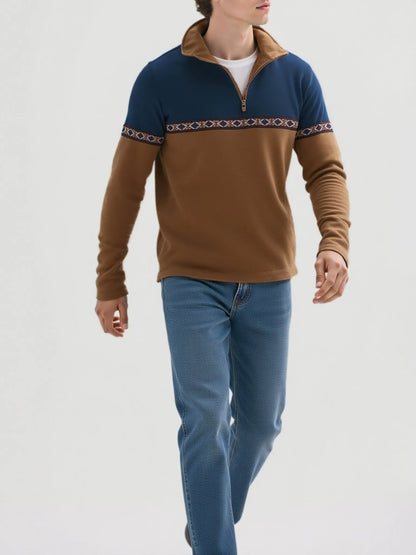 Men's Homixa quarter-zip sweater featuring color-block knit, geometric trim, and stand collar, casual and stylish pullover.