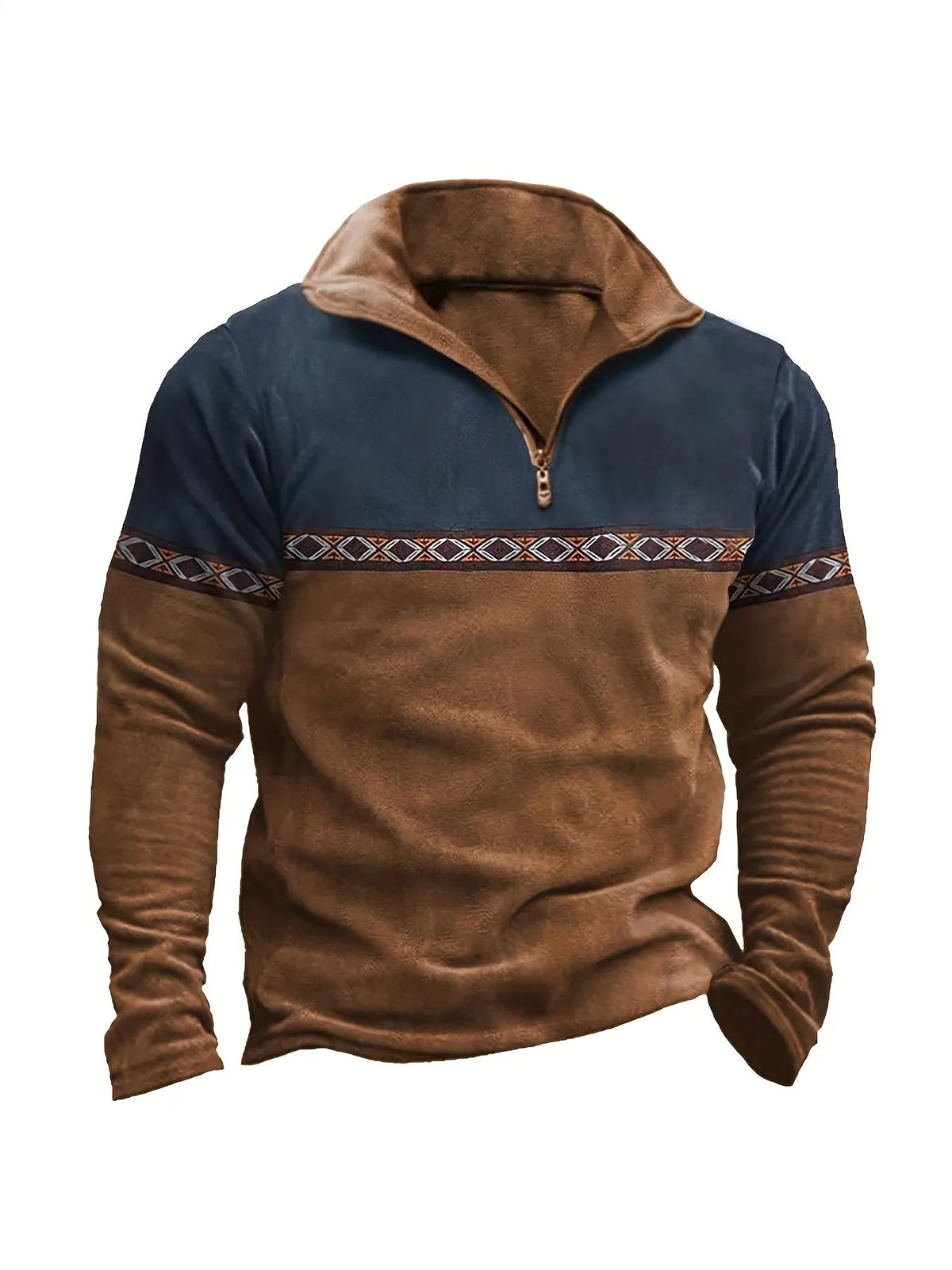 Men's Homixa quarter-zip sweater featuring color-block knit, geometric trim, and stand collar, showcasing stylish, cozy pullover design.