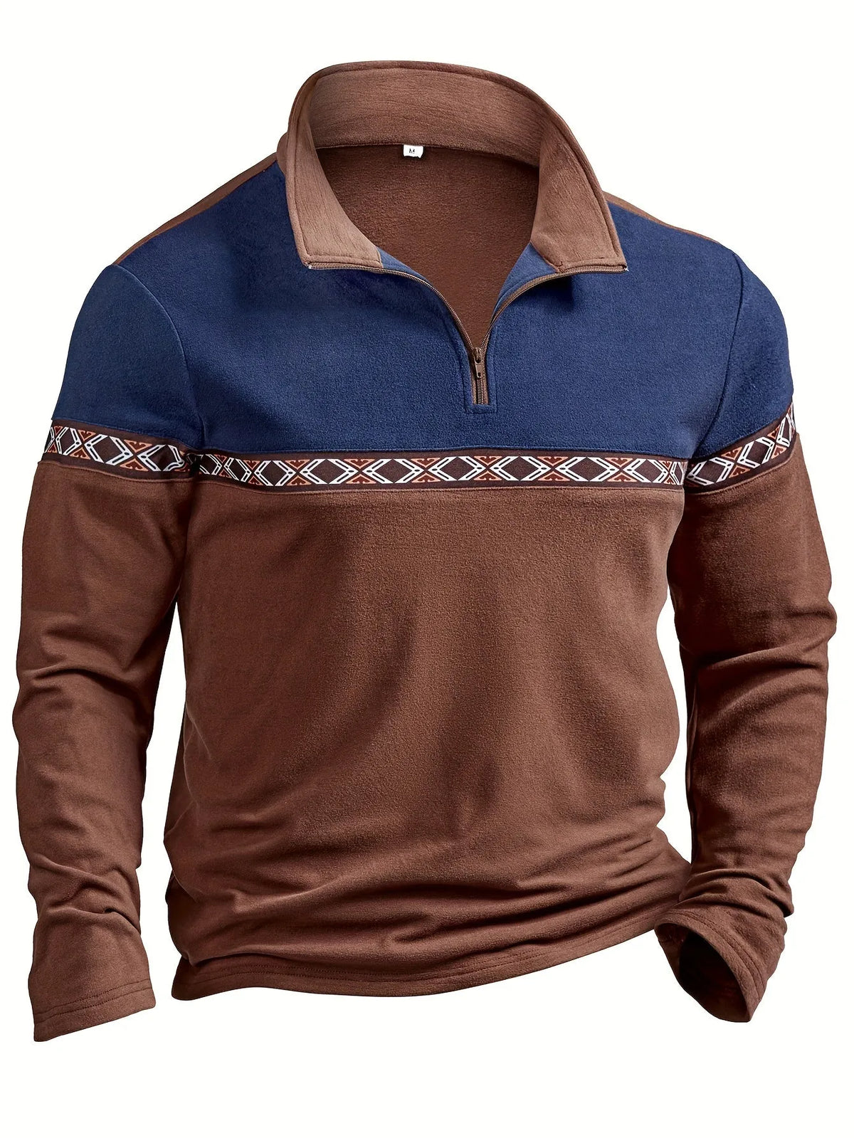 Men's Homixa quarter-zip sweater with color-block knit, geometric trim, and stand collar, showcasing stylish winter pullover design.