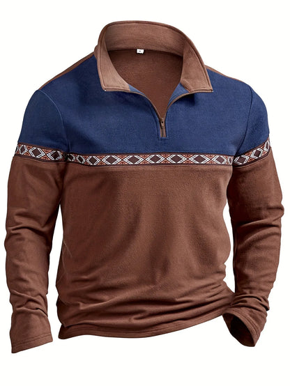 Men's Homixa quarter-zip sweater with color-block knit, geometric trim, and stand collar, showcasing stylish winter pullover design.
