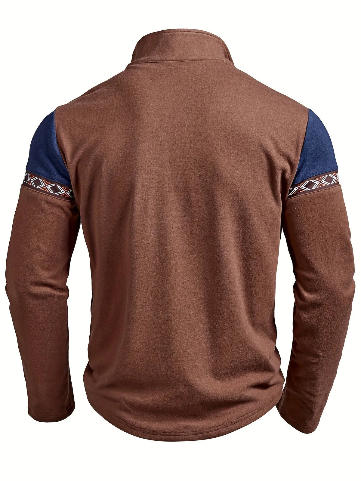 Men's Homixa quarter-zip sweater with color-block knit, geometric trim, and stand collar, showcasing a stylish pullover design.