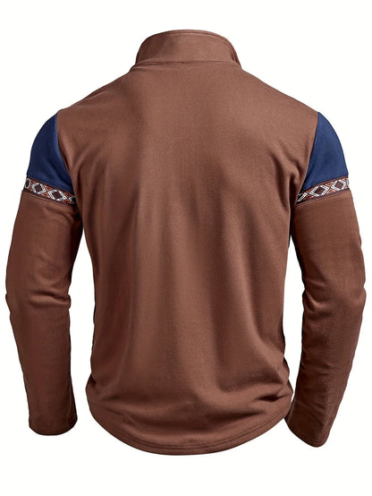Men's Homixa quarter-zip sweater with color-block knit, geometric trim, and stand collar, showcasing a stylish pullover design.