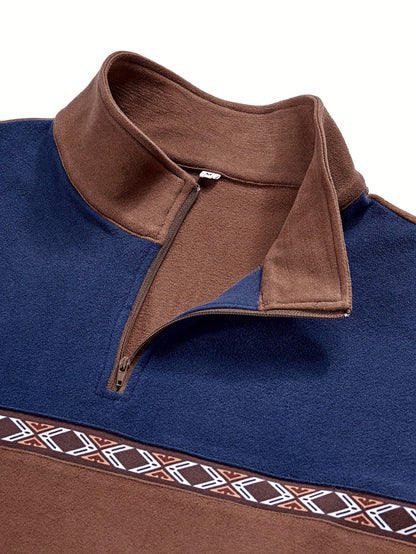 Men's Homixa quarter-zip sweater with color-block knit, geometric trim, and stand collar, showcasing stylish design and cozy fit.