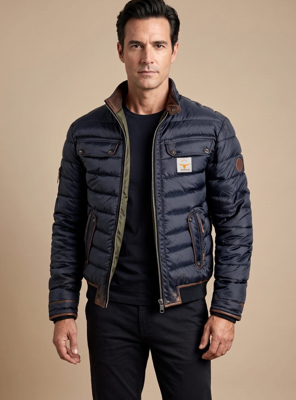 Men's Homixa quilted winter puffer jacket with stand collar, zip front, and buttoned chest pockets, shown on a model.