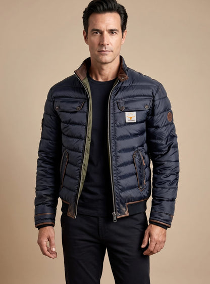 Men's Homixa quilted winter puffer jacket with stand collar, zip front, and buttoned chest pockets, shown on a model.