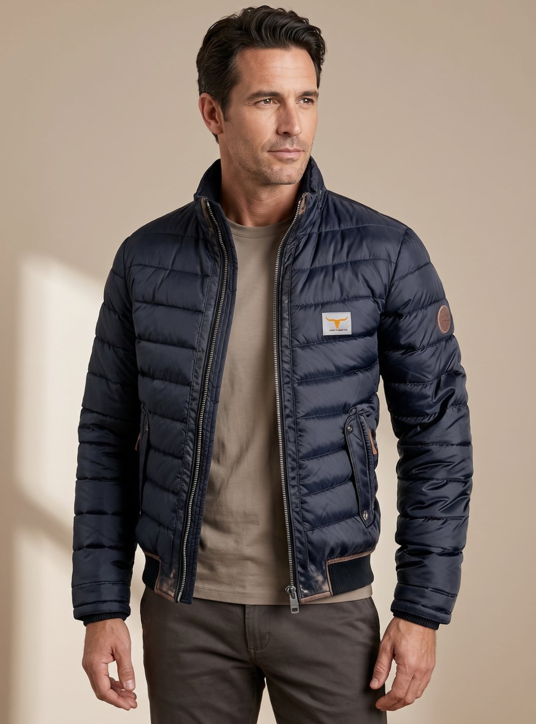 Men's quilted winter puffer jacket by Homixa featuring stand collar, zip front, and buttoned chest pockets in a stylish design.
