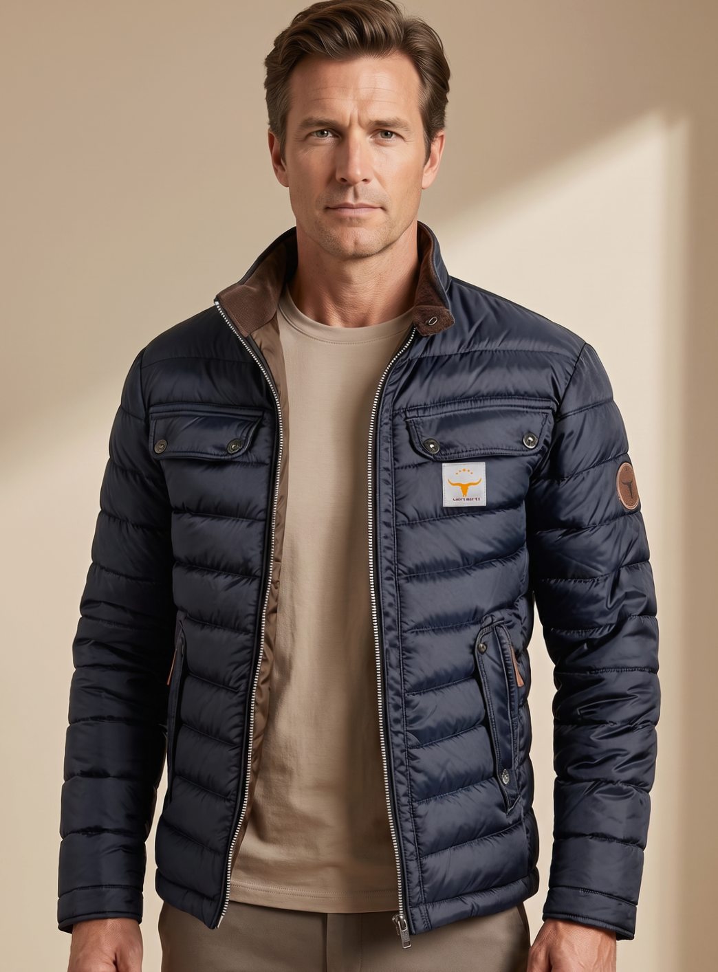 Men's quilted winter puffer jacket with stand collar, zip front, and buttoned chest pockets by Homixa.