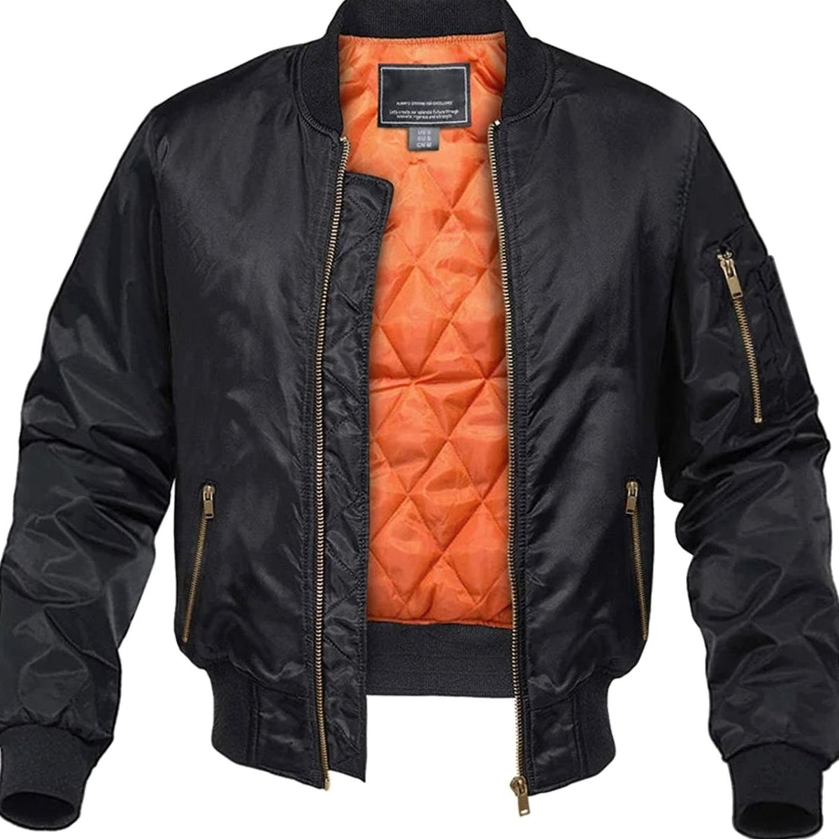 Men's Quilted Winter Bomber Jacket by Homixa with zip front, elastic cuffs, and side pockets. Black color, cozy and stylish.