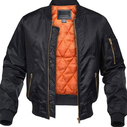 Men's Quilted Winter Bomber Jacket by Homixa with zip front, elastic cuffs, and side pockets. Black color, cozy and stylish.