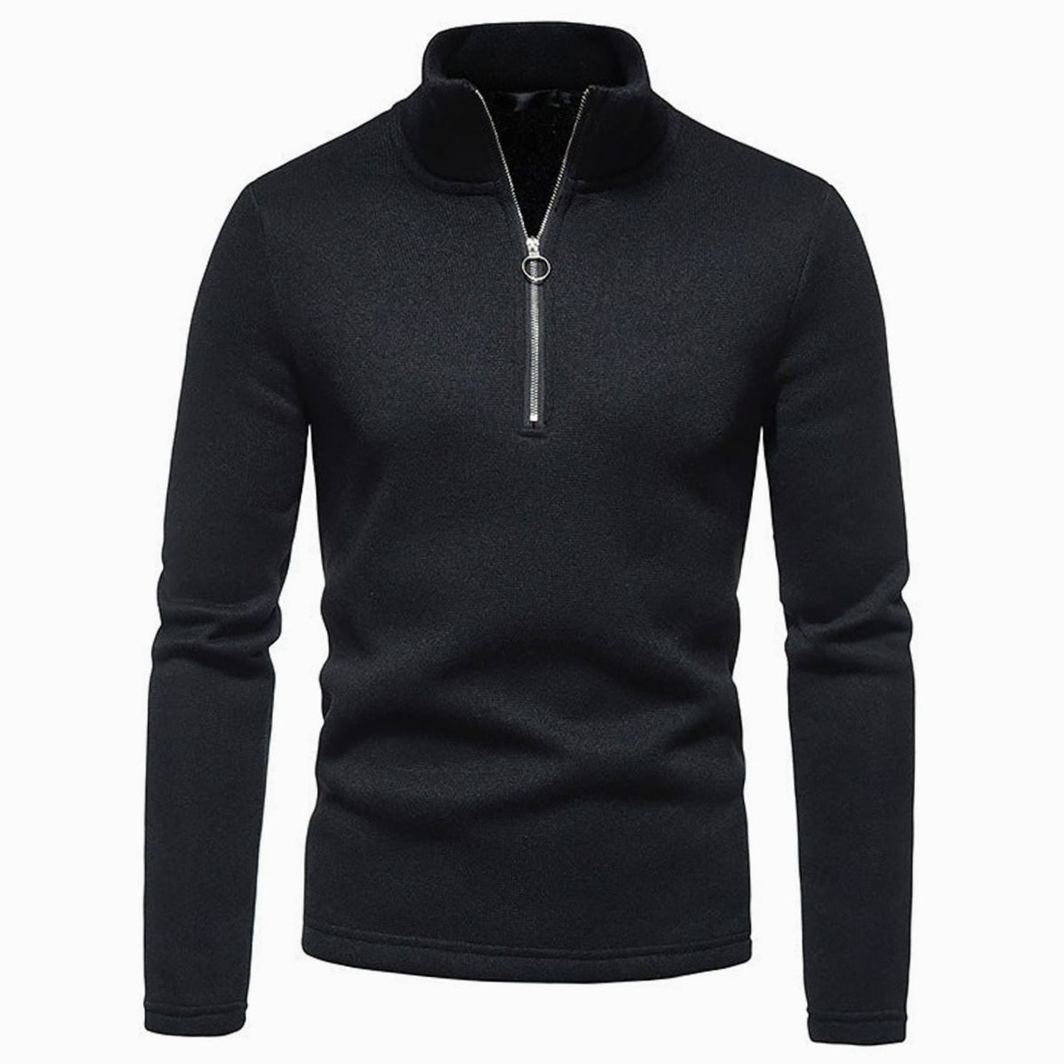 Men's regular-fit fine-knit half-zip sweater with stand collar and ring pull, by Homixa, shown on a model.