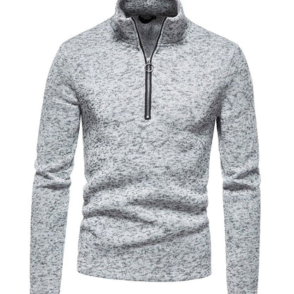 Men's Homixa regular-fit fine-knit half-zip sweater with stand collar and ring pull, shown on a model.