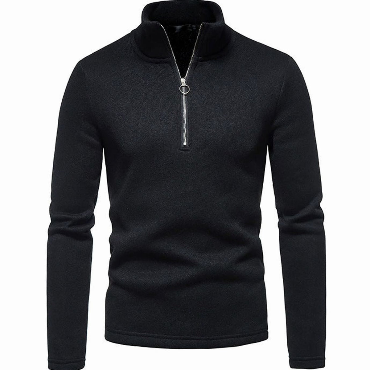Men's Homixa regular-fit fine-knit half-zip sweater with stand collar and ring pull, shown on a model.