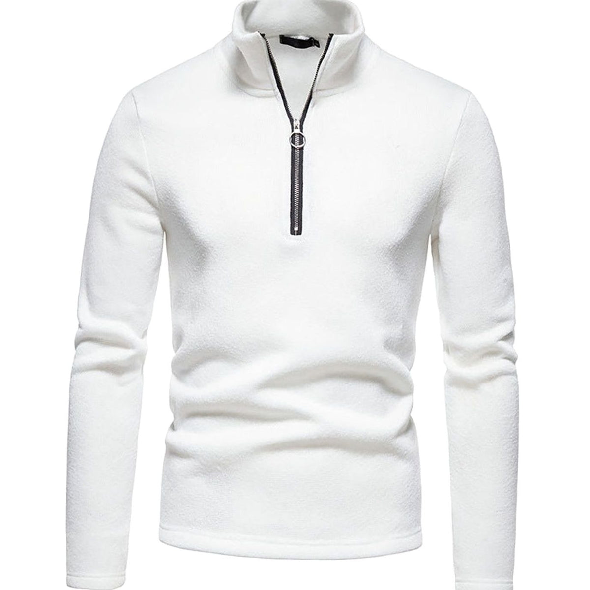 Men's regular-fit fine-knit half-zip sweater with stand collar and ring pull, featuring a classic design and comfortable fit.
