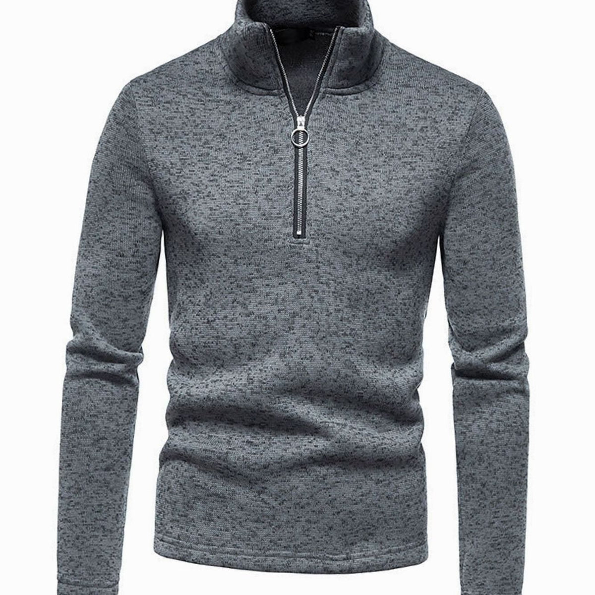 Men's Homixa regular-fit fine-knit half-zip sweater with stand collar and ring pull, displayed on a model against a neutral background.