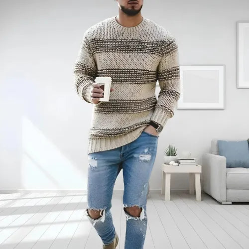 Men's Homixa regular-fit knit striped crew-neck sweater with ribbed hem and cuffs, displayed on a model.