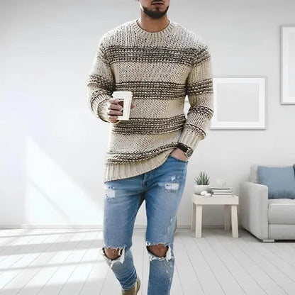 Men's Homixa regular-fit knit striped crew-neck sweater with ribbed hem and cuffs, displayed on a model.