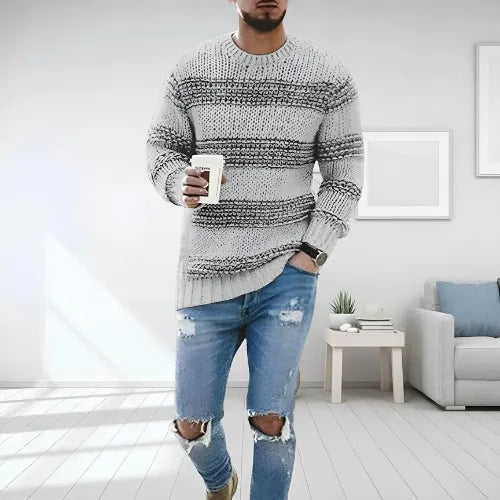 Men's Homixa striped knit crew-neck sweater with ribbed hem and cuffs, regular fit, soft fabric, and classic style.