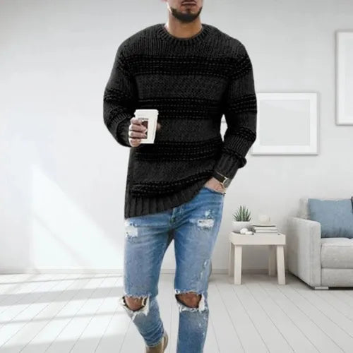 Men's Homixa knit striped crew-neck sweater with ribbed hem and cuffs, featuring a regular fit and soft knit fabric.