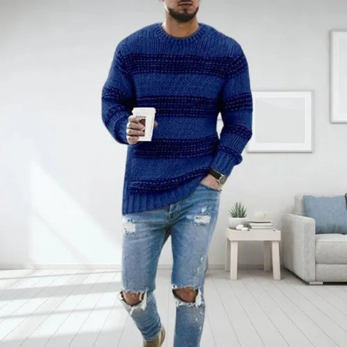Homixa men's regular-fit knit striped crew-neck sweater with ribbed hem and cuffs, shown in a close-up view.