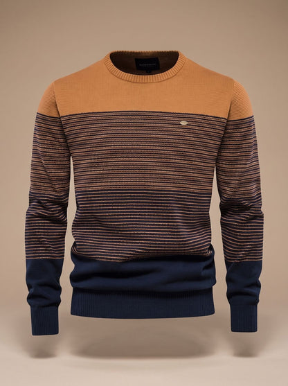 Men's regular-fit striped knit winter sweater by Homixa featuring a crew neck and ribbed cuffs, perfect for cold weather.