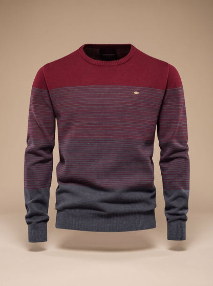 Men's Homixa striped knit crew-neck winter sweater with ribbed cuffs, regular fit, and classic design.