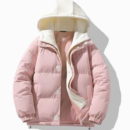 Men's relaxed-fit quilted puffer jacket with contrast hood and wind-resistant shell by Homixa, shown with front view and quilted details.