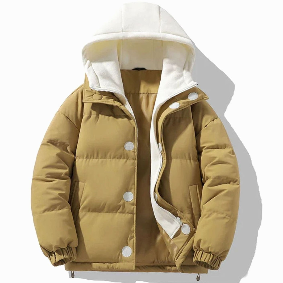 Men's relaxed-fit quilted puffer jacket with contrast hood and wind-resistant shell by Homixa, featuring a hooded design and quilted texture.
