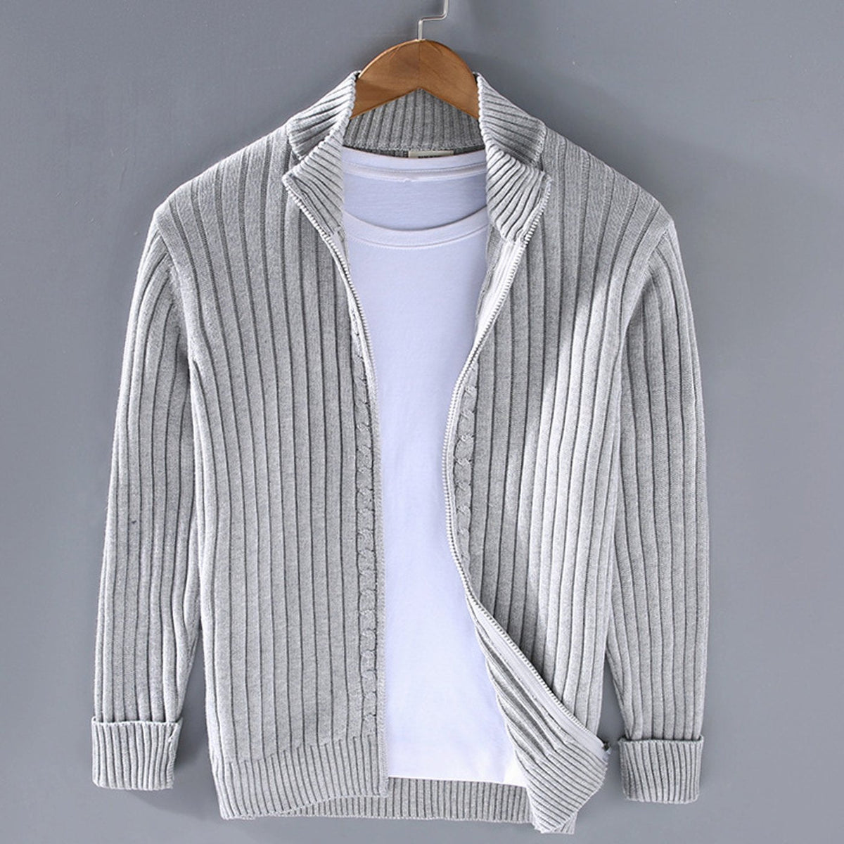 Men's relaxed-fit ribbed-knit zip-front cardigan sweater with stand collar, ideal for winter, by Homixa.