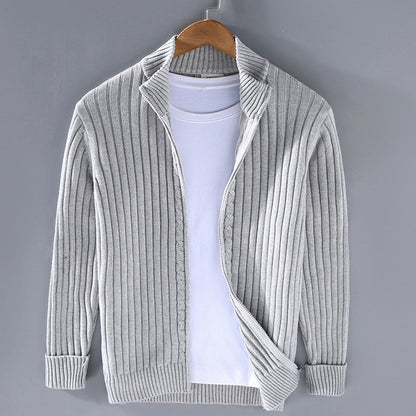 Men's relaxed-fit ribbed-knit zip-front cardigan sweater with stand collar, ideal for winter, by Homixa.